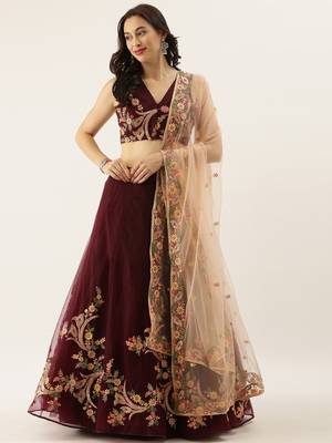 Burgundy Embroidered Net Semi-Stitched Lehenga & Unstitched Blouse With Dupatta 1