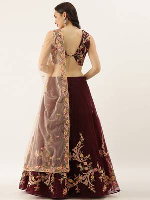 Burgundy Embroidered Net Semi-Stitched Lehenga & Unstitched Blouse With Dupatta 2