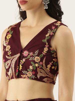 Burgundy Embroidered Net Semi-Stitched Lehenga & Unstitched Blouse With Dupatta 3