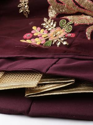Burgundy Embroidered Net Semi-Stitched Lehenga & Unstitched Blouse With Dupatta 4