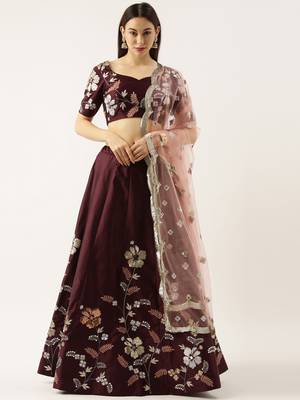 Burgundy Embroidered Satin Silk Semi-Stitched Lehenga & Unstitched Blouse With Dupatta 1