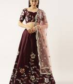 Burgundy Embroidered Satin Silk Semi-Stitched Lehenga & Unstitched Blouse With Dupatta
