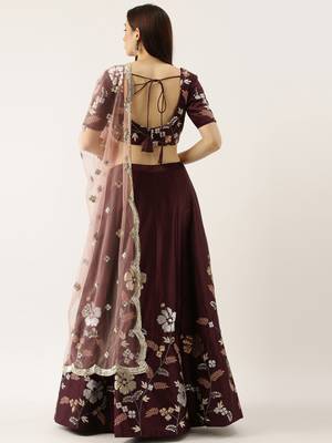 Burgundy Embroidered Satin Silk Semi-Stitched Lehenga & Unstitched Blouse With Dupatta 2