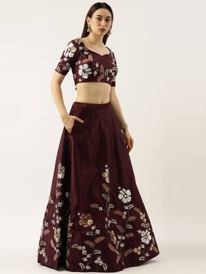 Burgundy Embroidered Satin Silk Semi-Stitched Lehenga & Unstitched Blouse With Dupatta 3