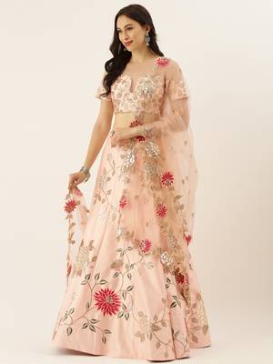Champagne Colour Satin Silk A-line Semi-Stitched Lehenga & Unstitched Blouse With Dupatta 1