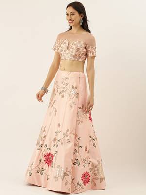 Champagne Colour Satin Silk A-line Semi-Stitched Lehenga & Unstitched Blouse With Dupatta 3