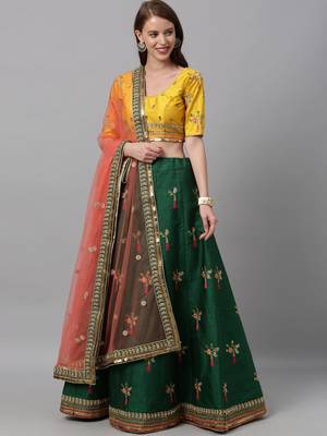 Green & Musterd Coloured Embroidered Semi-Stitched Lehenga & Unstitched Blouse With Dupatta 1