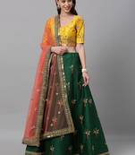 Green & Musterd Coloured Embroidered Semi-Stitched Lehenga & Unstitched Blouse With Dupatta