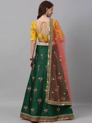Green & Musterd Coloured Embroidered Semi-Stitched Lehenga & Unstitched Blouse With Dupatta 2