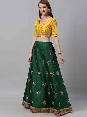 Green & Musterd Coloured Embroidered Semi-Stitched Lehenga & Unstitched Blouse With Dupatta 3