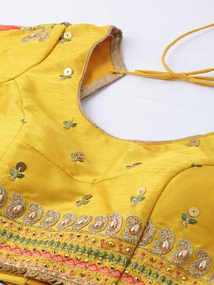 Green & Musterd Coloured Embroidered Semi-Stitched Lehenga & Unstitched Blouse With Dupatta 4