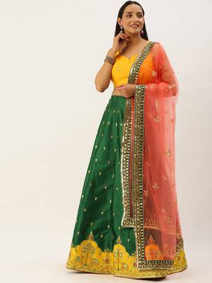 Green Colour Satin Silk A-line Semi-Stitched Lehenga & Unstitched Blouse With Dupatta 1