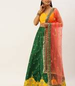Green Colour Satin Silk A-line Semi-Stitched Lehenga & Unstitched Blouse With Dupatta