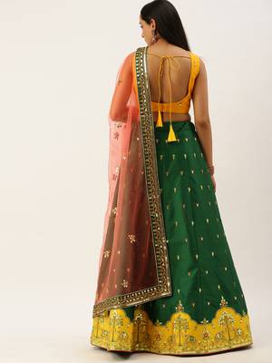 Green Colour Satin Silk A-line Semi-Stitched Lehenga & Unstitched Blouse With Dupatta 2