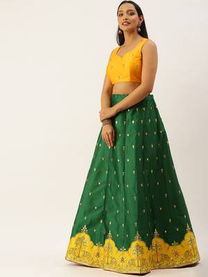 Green Colour Satin Silk A-line Semi-Stitched Lehenga & Unstitched Blouse With Dupatta 3