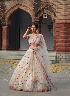 Grey Colour Net A-line Semi-Stitched Lehenga & Unstitched Blouse With Dupatta 1