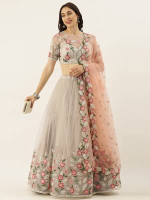 Grey Colour Net Flair Semi-Stitched Lehenga & Unstitched Blouse With Dupatta 1