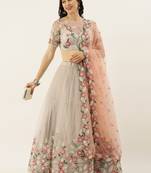 Grey Colour Net Flair Semi-Stitched Lehenga & Unstitched Blouse With Dupatta