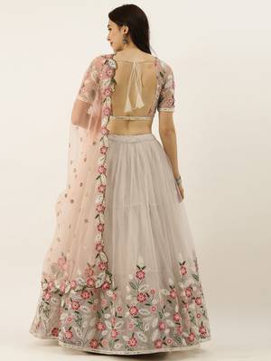 Grey Colour Net Flair Semi-Stitched Lehenga & Unstitched Blouse With Dupatta 2