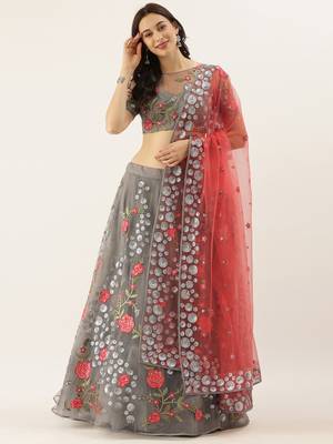 Grey Colour Net With Sequins and Saroski Stone Work Semi-Stitched Lehenga & Unstitched Blouse With Dupatta 1