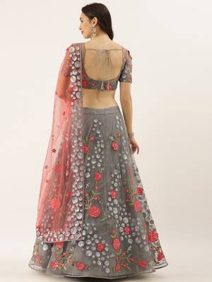 Grey Colour Net With Sequins and Saroski Stone Work Semi-Stitched Lehenga & Unstitched Blouse With Dupatta 2