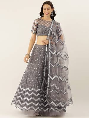 Grey Embroidered Net Semi-Stitched Lehenga & Unstitched Blouse With Dupatta 1