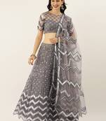 Grey Embroidered Net Semi-Stitched Lehenga & Unstitched Blouse With Dupatta
