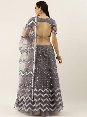 Grey Embroidered Net Semi-Stitched Lehenga & Unstitched Blouse With Dupatta 2