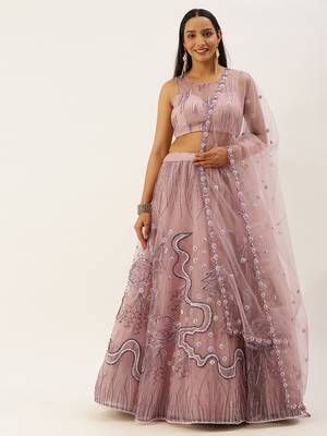 Lavender Colour Net A-line Semi-Stitched Lehenga & Unstitched Blouse With Dupatta 1