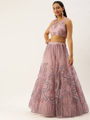 Lavender Colour Net A-line Semi-Stitched Lehenga & Unstitched Blouse With Dupatta 3