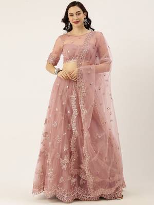 Lavender Embroidered Net Semi-Stitched Lehenga & Unstitched Blouse With Dupatta 1