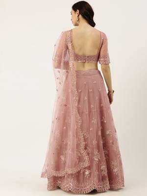 Lavender Embroidered Net Semi-Stitched Lehenga & Unstitched Blouse With Dupatta 2