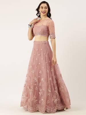 Lavender Embroidered Net Semi-Stitched Lehenga & Unstitched Blouse With Dupatta 3