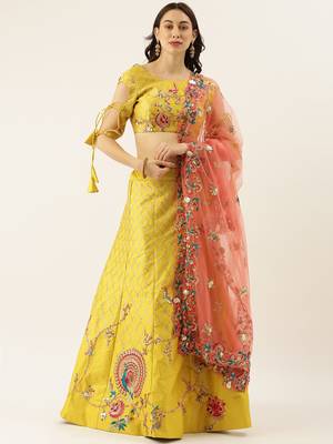 Lime Green Colour Satin Silk A-line Semi-Stitched Lehenga & Unstitched Blouse With Dupatta 1
