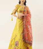 Lime Green Colour Satin Silk A-line Semi-Stitched Lehenga & Unstitched Blouse With Dupatta