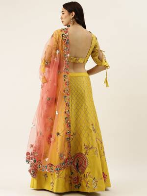 Lime Green Colour Satin Silk A-line Semi-Stitched Lehenga & Unstitched Blouse With Dupatta 2