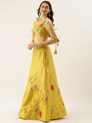 Lime Green Colour Satin Silk A-line Semi-Stitched Lehenga & Unstitched Blouse With Dupatta 3