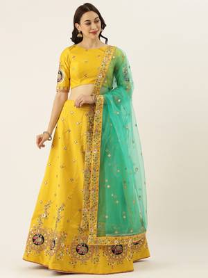 Yellow Colour Satin Silk Flair Semi-Stitched Lehenga & Unstitched Blouse With Dupatta 1