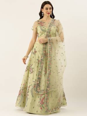 Lime Green Embroidered Net Semi-Stitched Lehenga & Unstitched Blouse With Dupatta 1