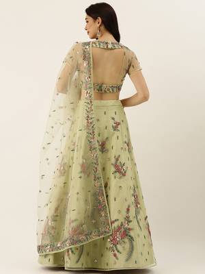 Lime Green Embroidered Net Semi-Stitched Lehenga & Unstitched Blouse With Dupatta 2