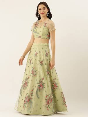 Lime Green Embroidered Net Semi-Stitched Lehenga & Unstitched Blouse With Dupatta 3