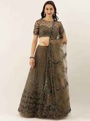 Mehendi Embroidered Net Semi-Stitched Lehenga & Unstitched Blouse With Dupatta 1