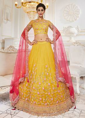 Mustard Colour Net With Miror Work Semi-Stitched Lehenga & Unstitched Blouse With Dupatta 1