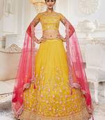 Mustard Colour Net With Miror Work Semi-Stitched Lehenga & Unstitched Blouse With Dupatta