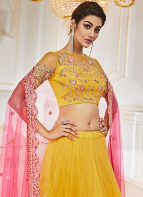 Mustard Colour Net With Miror Work Semi-Stitched Lehenga & Unstitched Blouse With Dupatta 2