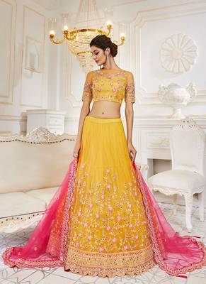 Mustard Colour Net With Miror Work Semi-Stitched Lehenga & Unstitched Blouse With Dupatta 3