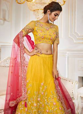 Mustard Colour Net With Miror Work Semi-Stitched Lehenga & Unstitched Blouse With Dupatta 4