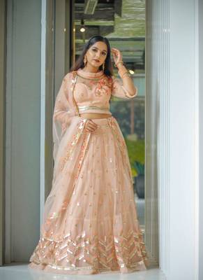 Peach Colour Net A-line Semi-Stitched Lehenga & Unstitched Blouse With Dupatta 1