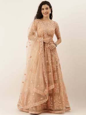 Peach Colour Net A-line Semi-Stitched Lehenga & Unstitched Blouse With Dupatta 1