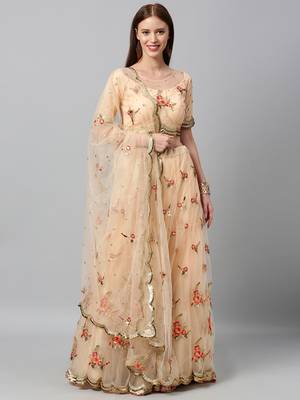Peach Coloured Sequinned  Embroidered Semi-Stitched Lehenga & Unstitched Blouse With Dupatta 1